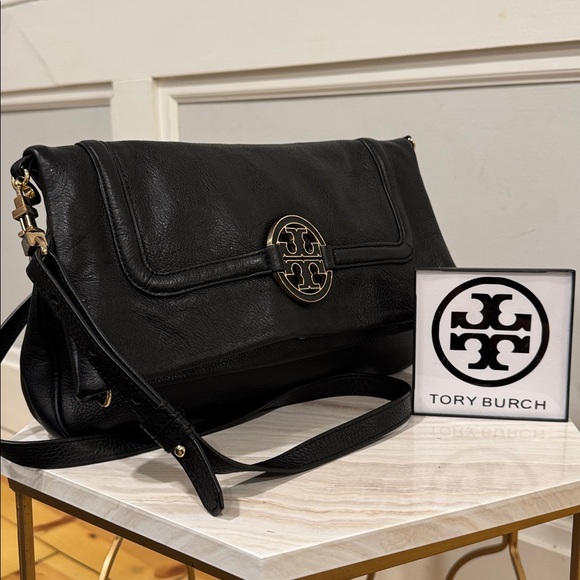 Tory Burch Handbags - Tory Burch Crossbody Amanda Foldover Black Pebbled Leather Convertible Bag